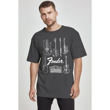 Rock&Roll Fender Gitar Antrasit Oversize Kısa Kollu Erkek T-Shirt