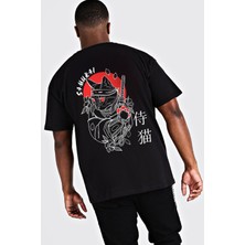 Rock&Roll Kedi Samuray Siyah Kısa Kollu Arka Baskılı Erkek Oversize T-Shirt