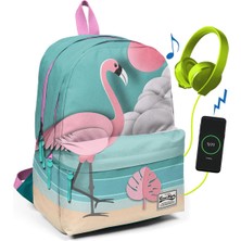 Coral High Yeşil Flamingolu Üç Bölmeli USB Şarjlı Kulaklık Çıkışlı Sırt Çantası 23423
