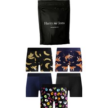 Harry Jons Erkek 5'li Desenli Renkli Pamuklu Premium Hijyenik Paket Boxer