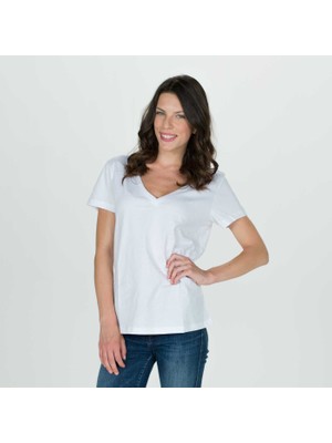 Think Simple Kadın Derin V Yaka T-Shirt - Beyaz