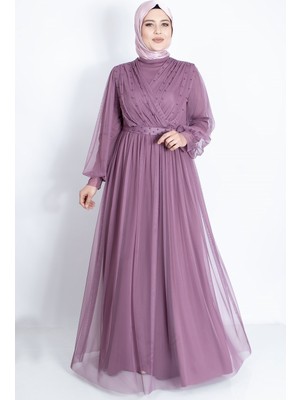 Fahima Inci Taş Detaylı Tül Abiye Lila FHM830