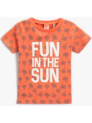 Koton Pamuklu Kısa Kollu Tişört Erkek Çocuk İçin Günlük Tarz Slogan Baskılı Turuncu
