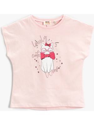 Koton Kız Çocuk Kedi Parti Baskılı Kısa Kollu Tişört Pamuklu