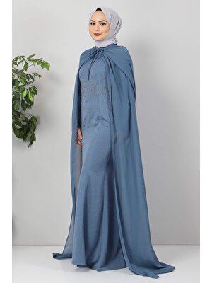 Moda Mihram Pelerinli Inci Detay Tesettür Elbise Mavi