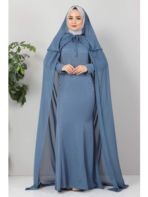 Moda Mihram Pelerinli Inci Detay Tesettür Elbise Mavi