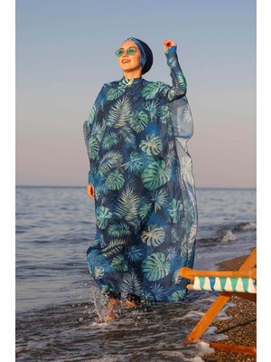 Marina Tesettür Mayo Üzerine Yaprak Desenli Kaftan Kimono Pareo P2106