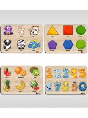 Bk Toys Çocuklar Için 4’lü Ahşap Figürlü Eğitici-Öğretici Yapboz Puzzle-1