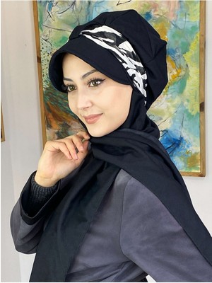 Butik Ambar Siyah Beyaz Desenli Cırtcırtlı Fularlı Siyah Atkılı Tek Biritli Şapka Şal