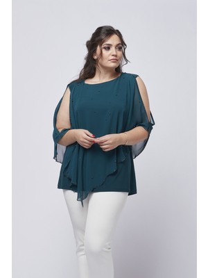 Moda Berray 4050 Petrol Taşlı Pelerinli Şifon Büyük Beden Şık Bluz