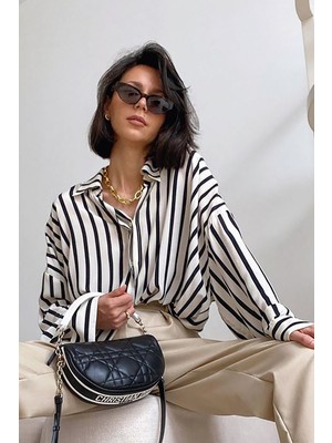 Kadın Çizgili Desenli Uzun Kollu Gömlek – %100 Polyester, Rahat Kesim ve Günlük Kullanıma Uygun
