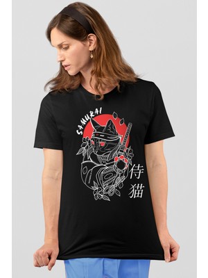 Rock&Roll Kedi Samuray Siyah Kısa Kollu Kadın T-Shirt