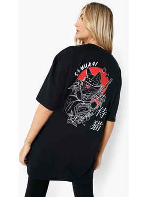 Rock&Roll Kedi Samuray Siyah Kısa Kollu Arka Baskılı Kadın Oversize T-Shirt