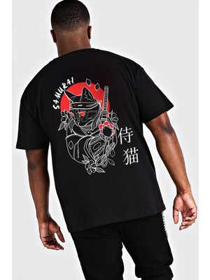 Rock&Roll Kedi Samuray Siyah Kısa Kollu Arka Baskılı Erkek Oversize T-Shirt