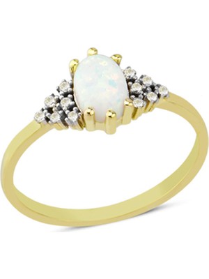 Harem Altın 14 Ayar Altın Beyaz Oval Taşlı Yüzük