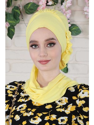 Ayşe Tasarım Yandan Fırfırlı Penye Hazır Türban Sarı Ht-73