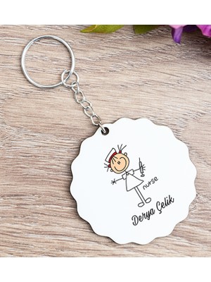 Hediye Dükkanı Kişiye Özel  Hemşire Karikatürü Ahşap Anahtarlık