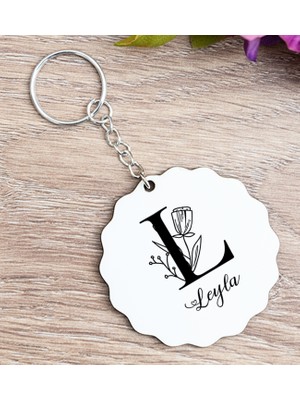 Hediye Dükkanı Kişiye Özel  Baş Harfli Çiçek Tasarım Ahşap Anahtarlık