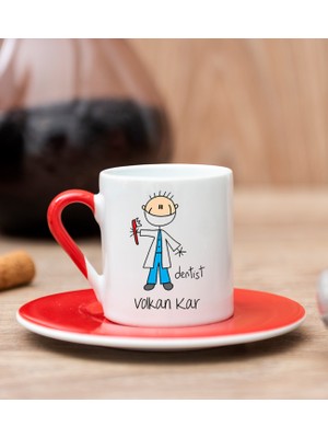 Hediye Dükkanı Kişiye Özel  Erkek Diş Hekimi Karikatürü Kırmızı Türk Kahvesi Fincanı
