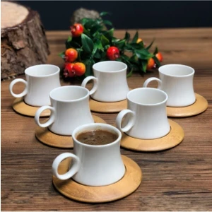 Altılı Bambu Tabaklı Porselen Kahve Fincan Takımı