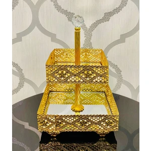 Aynalı Altın Renkmotifli Kare Iki Katlı Bayram Şekerlik Çikolatalık