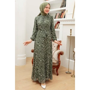 Neva Style - Puantiye Desenli Haki Tesettür Elbise 279065HK