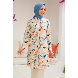Neva Style - Desenli Ekru Tesettür Viskon Tunik 11559E