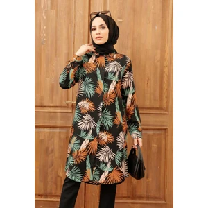 Neva Style - Desenli Siyah Tesettür Siyah Tunik 11560S