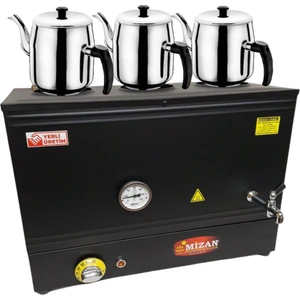 Üç Demlikli 40 Lt. Pleytsiz Çay Kazanı - Elektrikli Siyah Kahveci Ocağı + Demlik