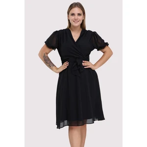 Kadın Kruvaze Yaka Kuşaklı Büyük Beden Midi Boy Şifon Elbise 4255-110