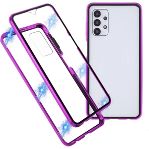 Galaxy A32 5G/M32 5g Için  Manyetik Metal Çerçeve + Çift Taraflı Temperli Cam Telefon Kılıfı - Mor (Yurt Dışından)