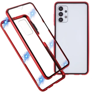 Galaxy A32 5G/M32 5g Için  Manyetik Metal Çerçeve + Çift Taraflı Temperli Cam Telefon Kılıfı - Kırmızı (Yurt Dışından)