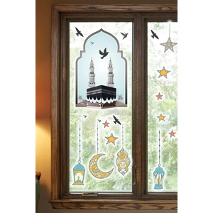 Hoşgeldin Ramazan Cam Duvar Sticker - Kabe Kuşlar ve Fener Figürlü Duvar Cam Sticker