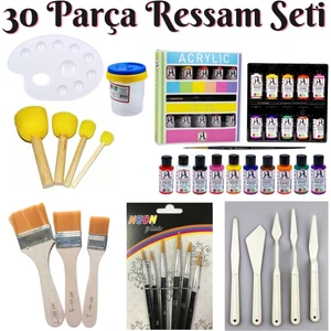 Neon Plus Ressam Seti 30 Parça Akrilik Boya Zemin Fırçası Spatula Palet Fırça Su Kabı Tampon Fırça