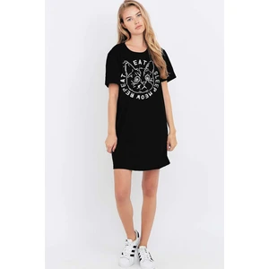 Şaşkın Kedi Siyah Kısa Kollu Kadın T-Shirt Elbise