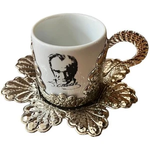 Türk Kahvesi Fincan Takımı 6 Kişilik Fincan Metal Döküm Baskılı Hediyelik Gümüş Renk Atatürk