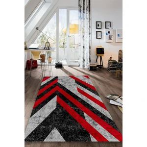 Kırmızı Geometrik Desenli Halı (Makinada Yıkanabilir Kaymaz Dot Taban) - CP1285