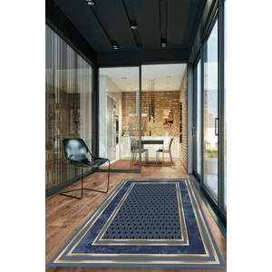Mavi-Gold Eskitme Motifli Kristal Desenli Halı (Makinada Yıkanabilir Kaymaz Dot Taban) - CP1287