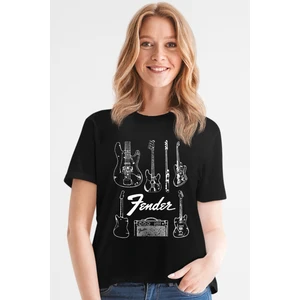 Fender Gitar Siyah Kısa Kollu Kadın T-Shirt