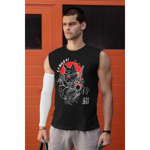 Kedi Samuray Siyah Kesik Kol | Kolsuz Erkek T-Shirt | Atlet 