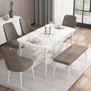 Concept Are Serisi 80 x 132 cm Açılabilir Benchli Mdf Beyaz Mermer Desen Mutfak Masa Takımı 4 Sandalye 1 Bench