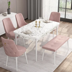 Concept Are Serisi 80 x 132 cm Açılabilir Benchli Mdf Beyaz Mermer Desen Mutfak Masa Takımı 4 Sandalye 1 Bench
