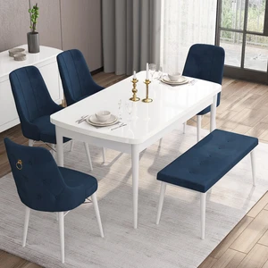 Concept Are Serisi 80 x 132 cm Açılabilir Benchli Mdf Beyaz  Mutfak Masa Takımı 4 Sandalye 1 Bench
