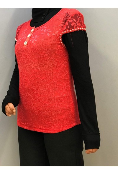 Perlina Kadın Kolsuz Güpür Detaylı Bluz