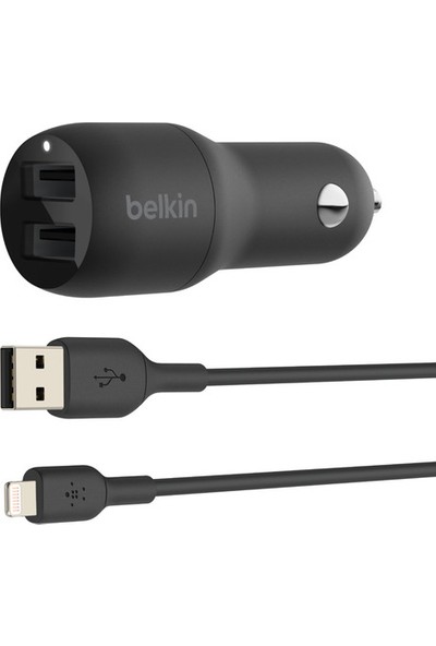Belkin Belkin 24W Hızlı Araç Şarj Cihazı 2 Port USB Siyah+Apple Lightning Kablo