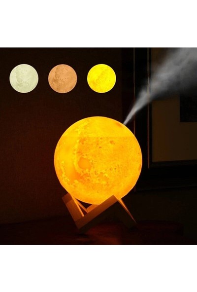 3 Renkli Ay Işığı Gece Lambası ve Hava Oda Nemlendirici Buhar Makinesi Cihazı Ultrasonik USB
