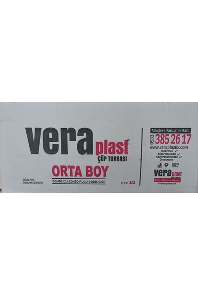 Vera Plast Orta Boy Çöp Torbası 55 x 60 cm 50 Rulo ( 1 Koli)