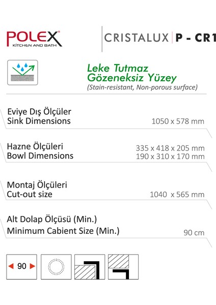 Cristalüx Granit Evye P-CR1 Beyaz Tezgah Altı Ve Tezgah Üstü Mutfak Evyesi 104,5x57cm fırsatları