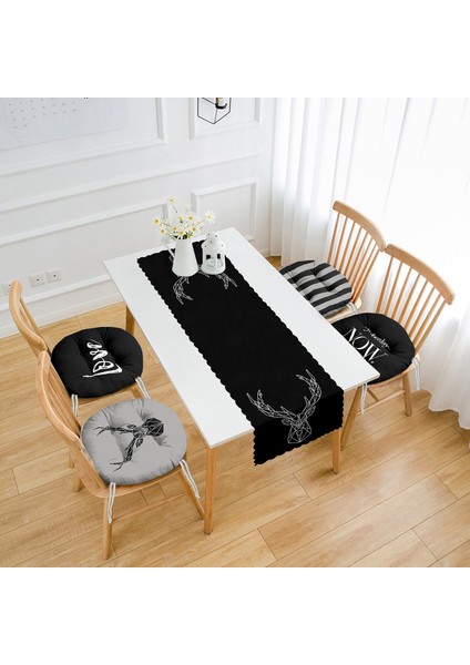 Siyah Geyik Tasarımlı Modern 4 Yuvarlak Pofidik Sandalye Minderi ve 1 Runner Seti