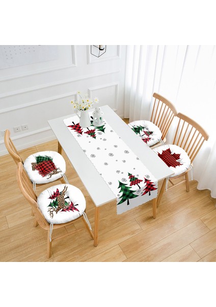 Yılbaşı Temalı Ekose Çam Ağaç Tasarımlı 4 Yuvarlak Pofidik Sandalye Minderi ve 1 Runner Seti